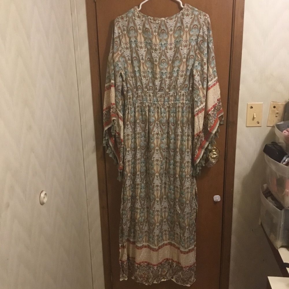 Bohemian Floral Print Woven Bell Sleeve Flounce Peasant Maxi Hippie Dress L - Picture 9 of 12